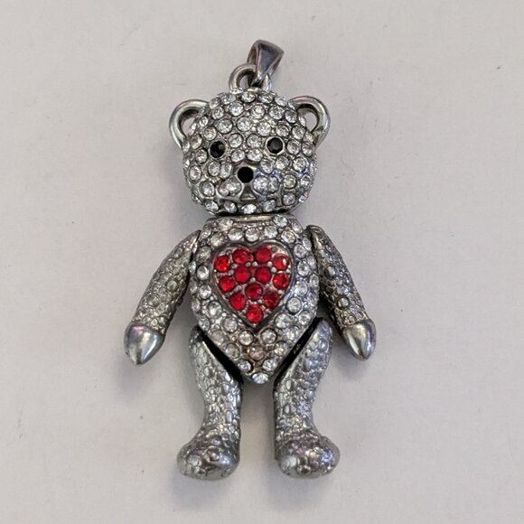 Articulated Silver Tone Clear Red Rhinestone Heart Teddy Bear Pendant - Picture 1 of 3